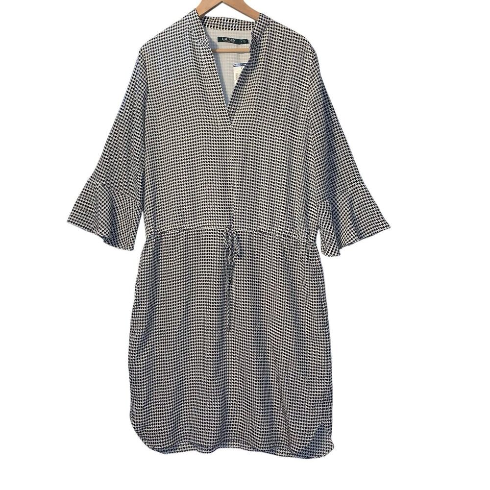 Ralph Lauren Shirt Dress LRL Houndstooth Black Cream Cinch Waist sz 14 NWT